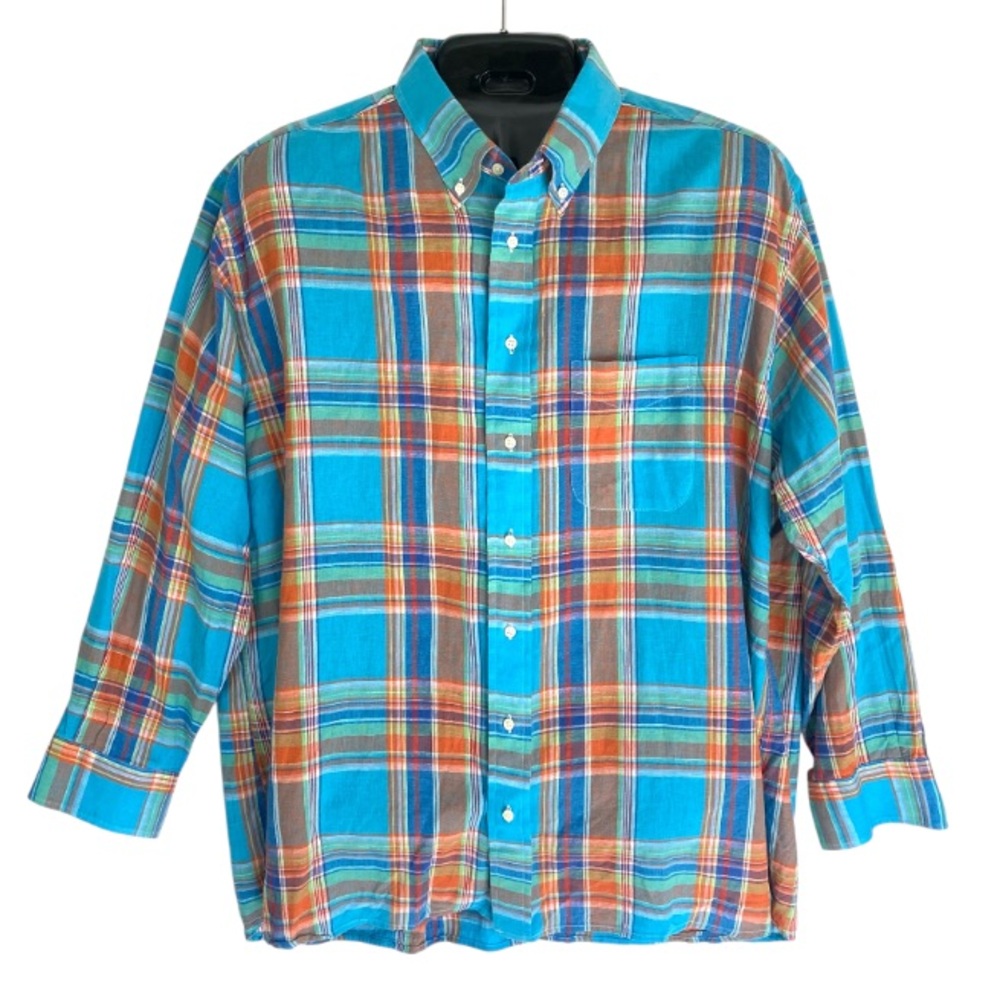 Gitman Brothers 100% Linen Plaid Button Down Shirt Vintage Colorful Men 18.5/34